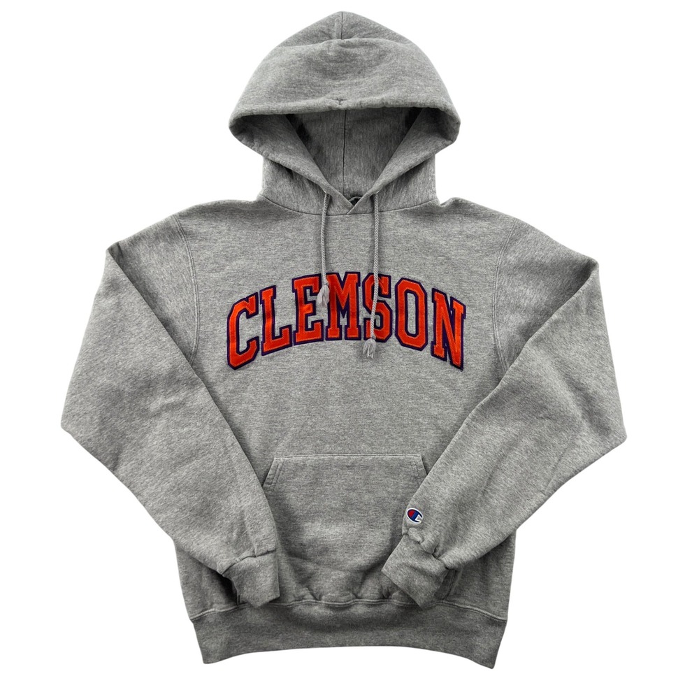 Champion Eco Clemson University Hoodie Gray Men Small Applique Stitched Spellout